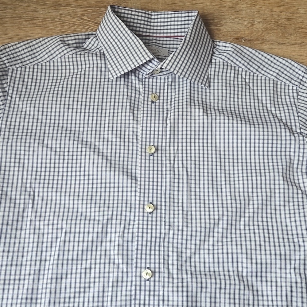 ETON Contemporary Fit Check Dress Shirt - Blue and White Sz 42  16.5